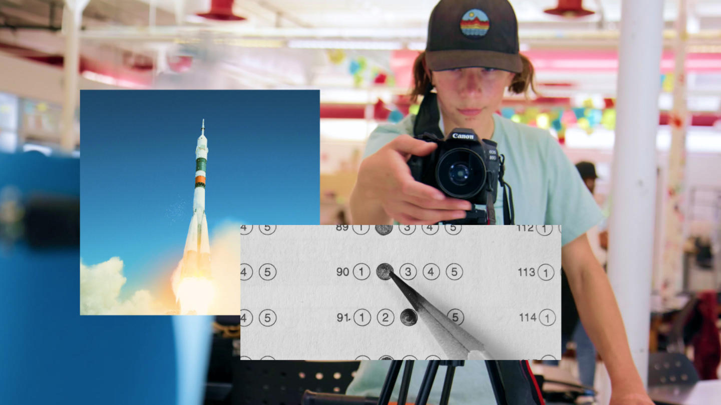 A photo of a student taking a photo overlaid with a spaceship launching and standardized test scantron sheet.