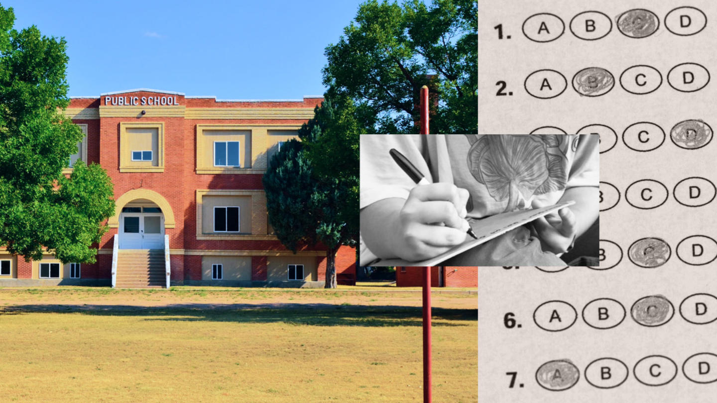 A photo collage including a school building, scantron sheet, and a black and white photo of a child's  hand writing