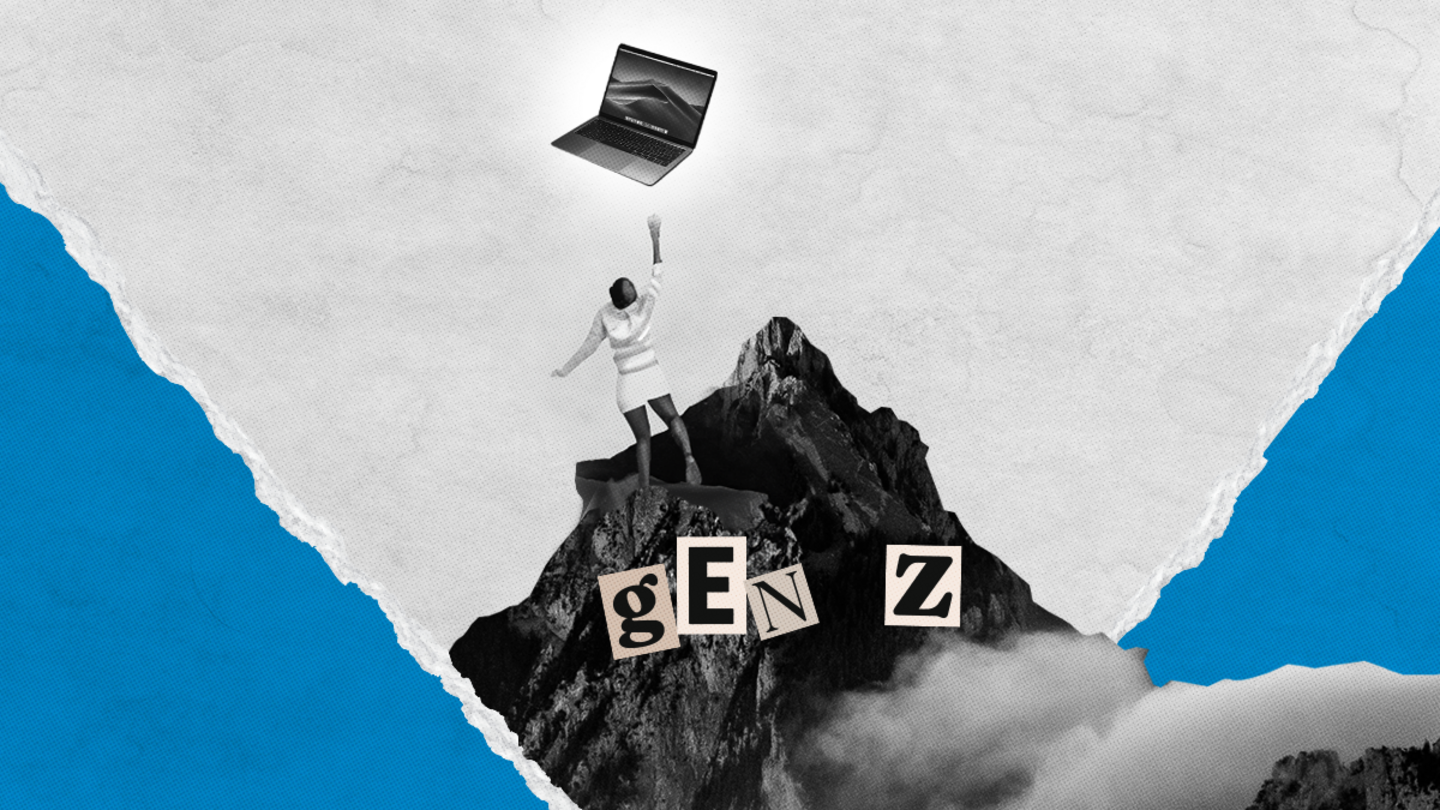 post secondary education que es A collage featuring a person standing on a mountain reaching up towards a laptop with cut out letters that spell "gen z"