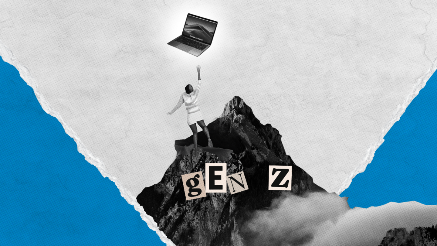 A collage featuring a person standing on a mountain reaching up towards a laptop with cut out letters that spell "gen z"