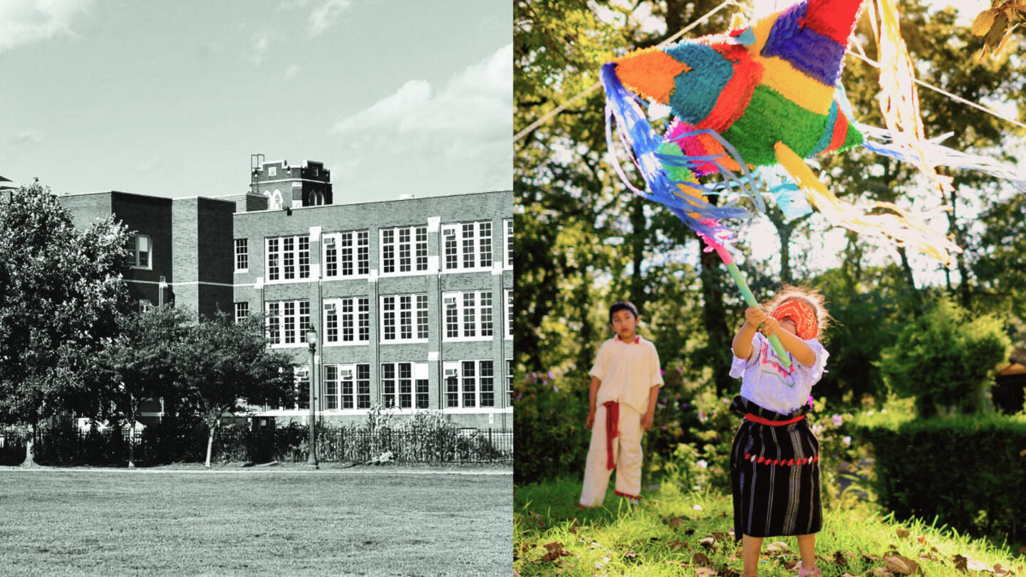 A collage with a bw photo of a building on the left and a colorful photo of a young girl hitting a pinata smiling on the right