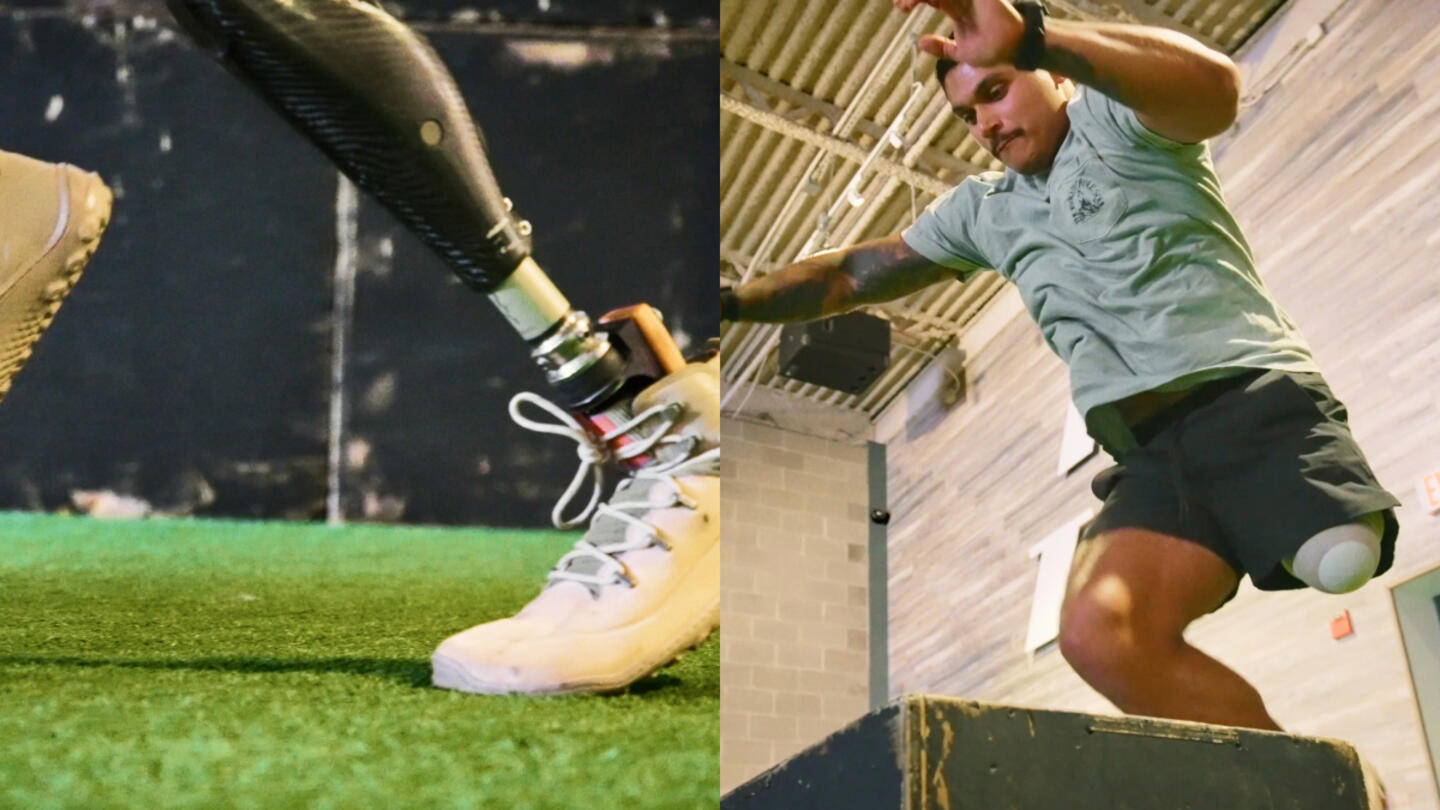 a collage featuring two photos of athletes with prosthetics training