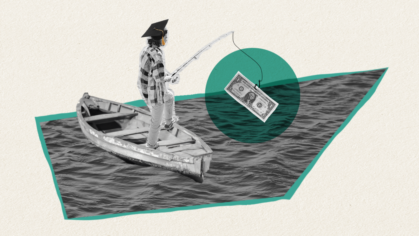 An illustration of a student wearing a graduation cap standing up in a small boat fishing for a dollar bill