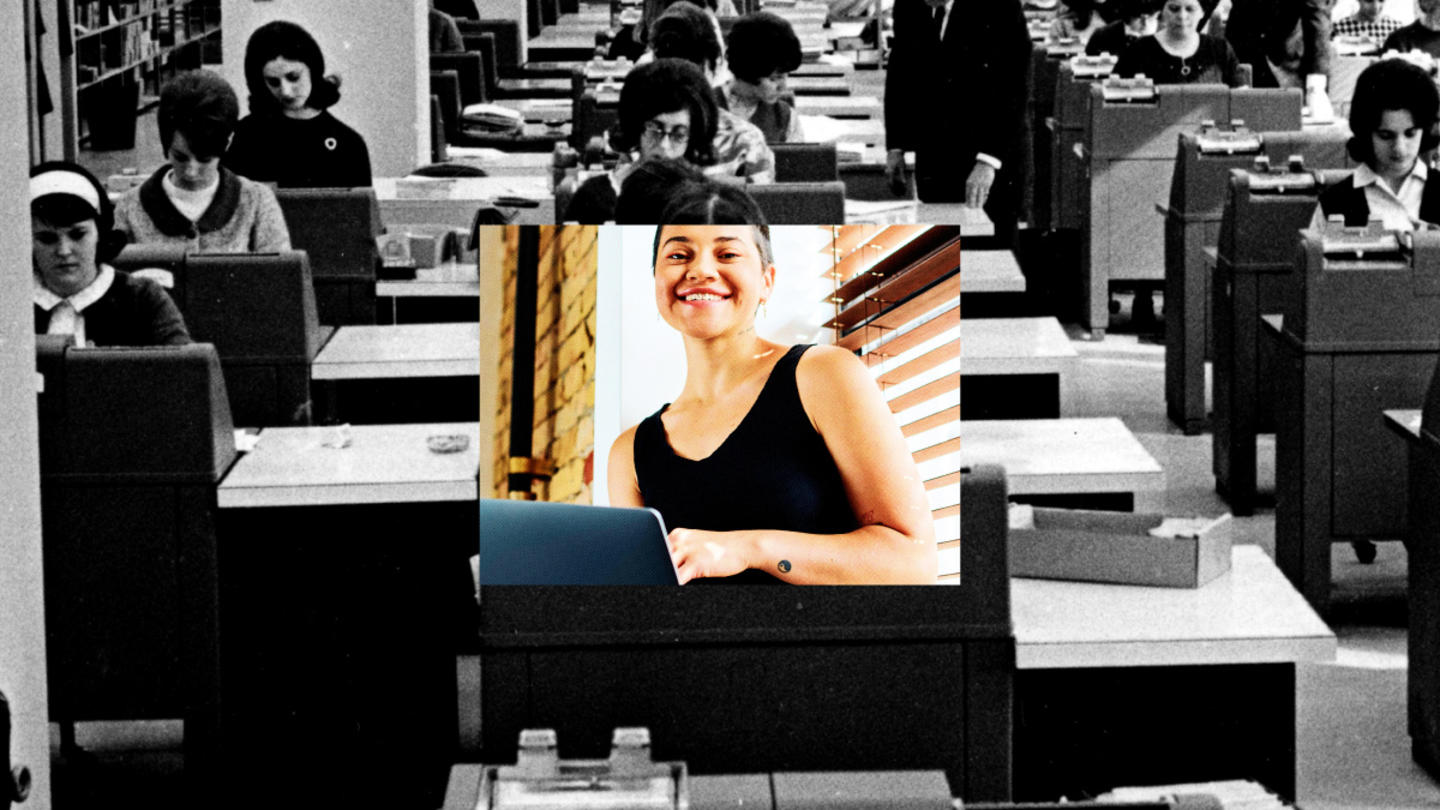 A photo collage featuring a woman smiling in color in front of bw photos