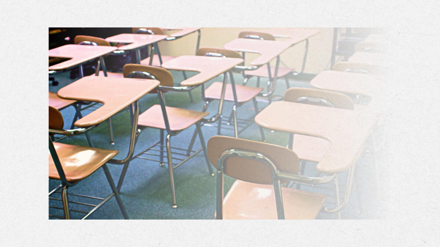 A stylized photo of chairs in a classroom fading to white from left to right