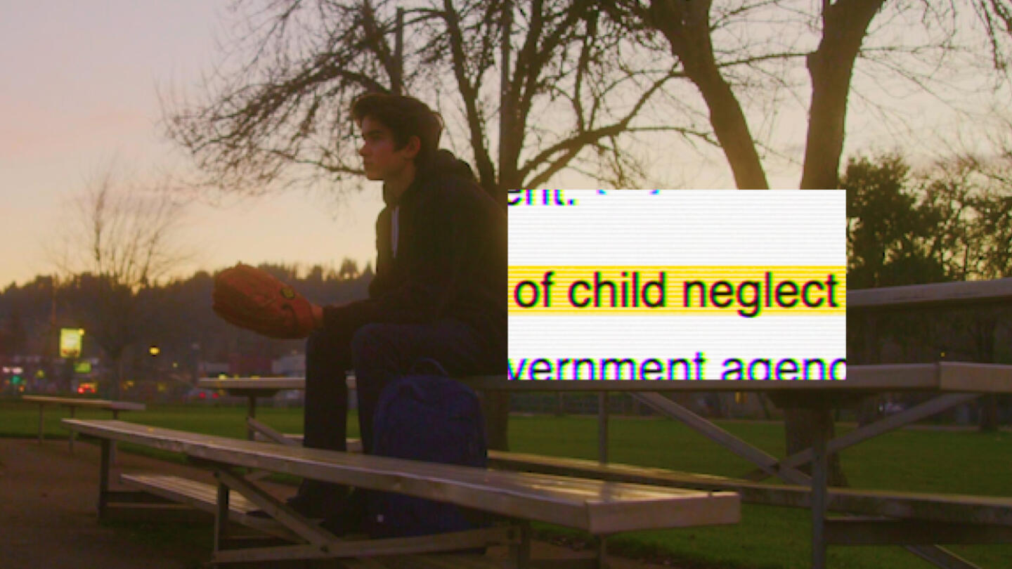 A photo of a boy looking out into the distance with a snippet of a word document with the words "of child neglect" highlighted in yellow