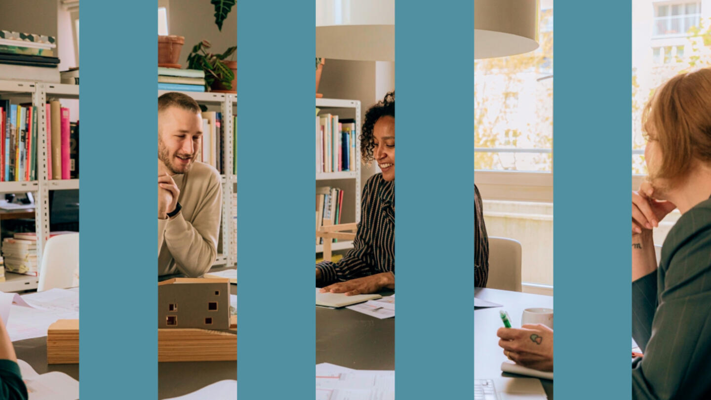 A collage featuring a group of coworkers sitting at a table with teal stripes overlaid