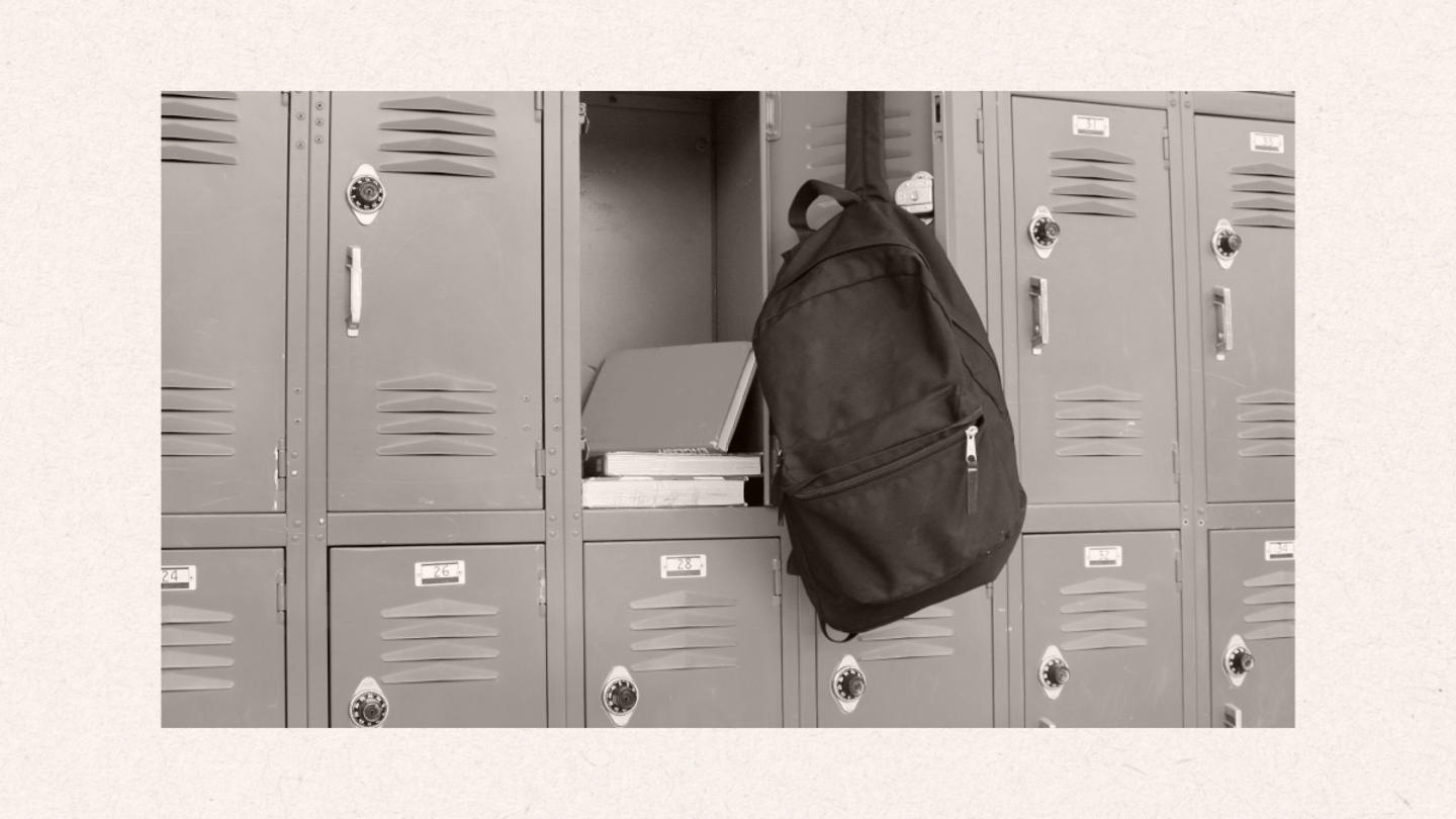 A photo of a backpack hanging out of a locker in black and white