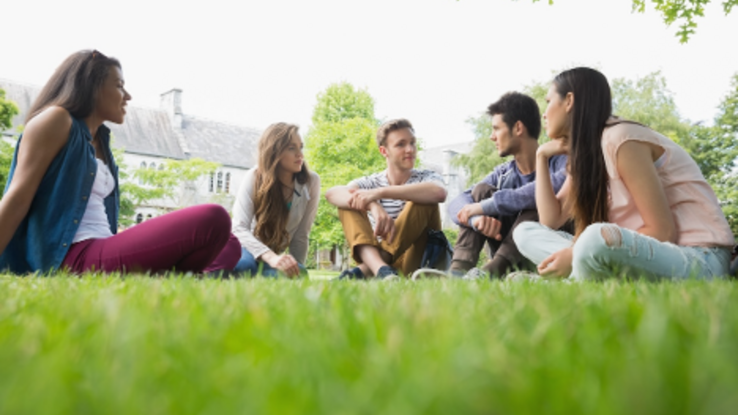 A group of students sitting on the grass, engaging in free speech on campus.