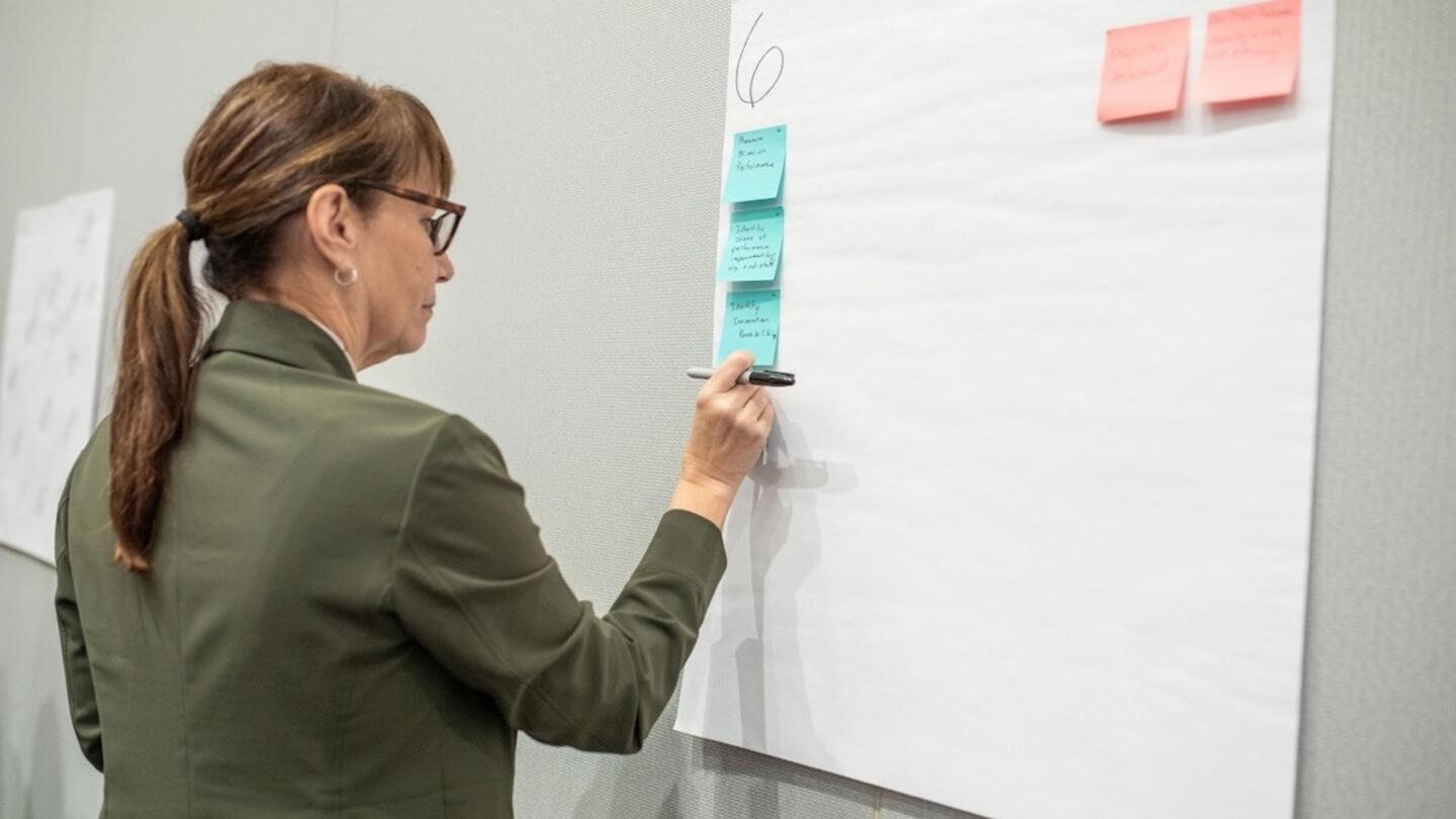 A person with a ponytail and glasses faces a large sheet of paper on a wall with sticky notes that feature ideas about engaging employees.