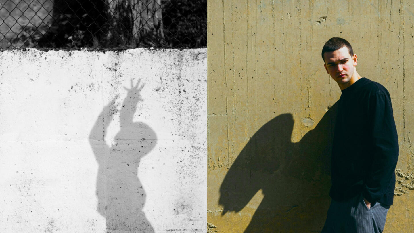 Split screen image with a person's shadow against a wall vs. a person looking into the camera