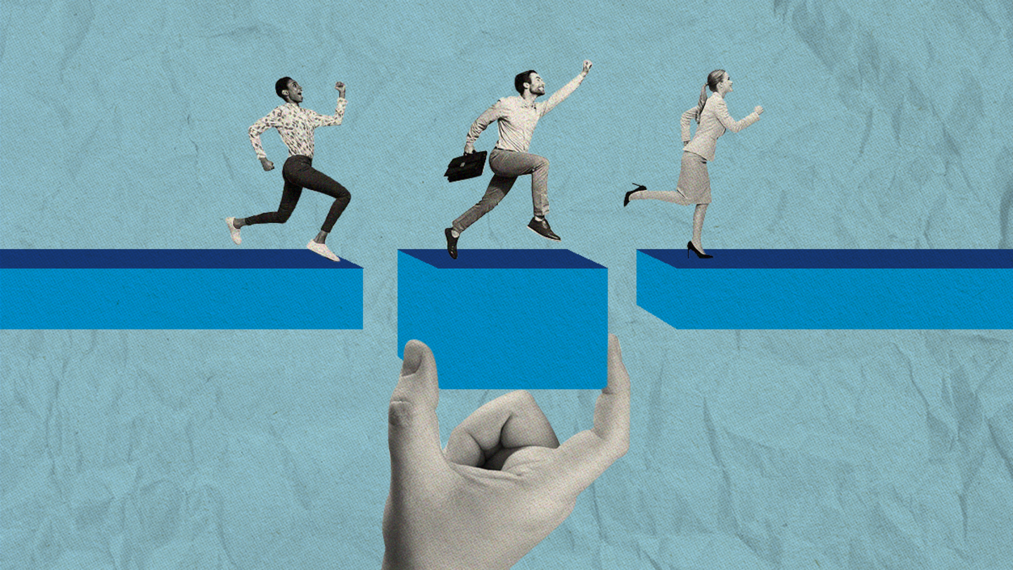 Three people running across a blue broken line.