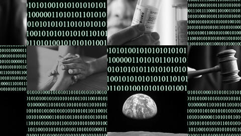 binary code and black and white images collage