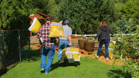 People working in a garden.