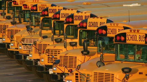 School buses lined up in a row.
