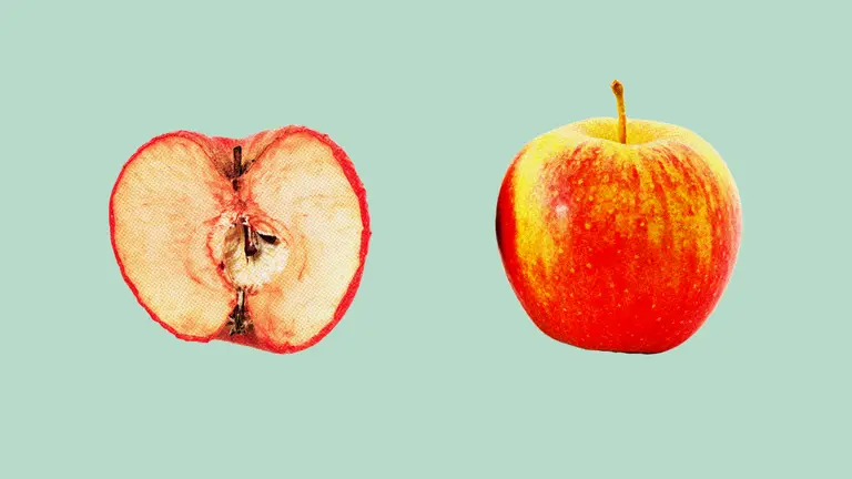 Two halves of an apple against a mint green backdrop