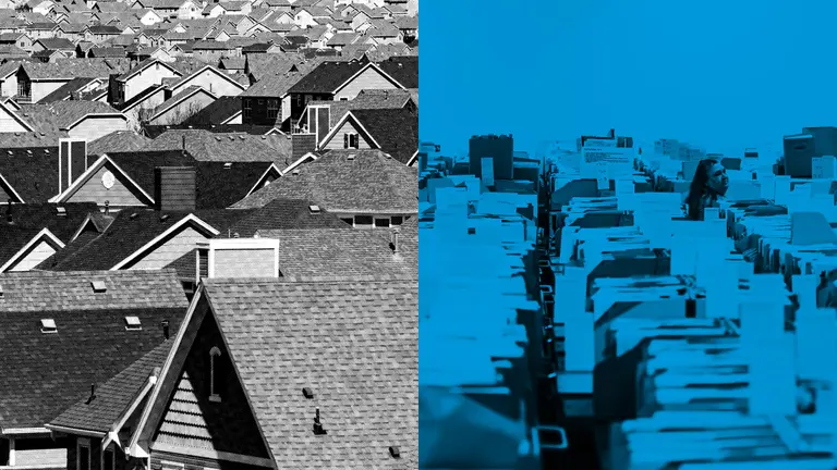A split screen view of a neighborhood (left) and inside an office (right).
