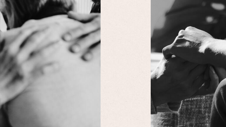A split image: On the left is someone's hands on someone's back, and on the right two hands are clasped together