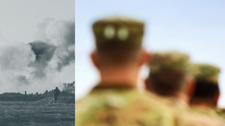 A split image showing a battlefield in black and white on the left and 
