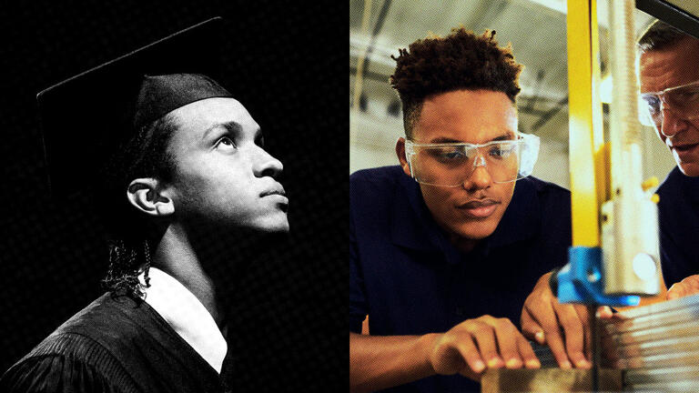 On the left is a black-and-white image of a man in a graduation cap and gown, while on the right is a color image of a man wearing safety glasses