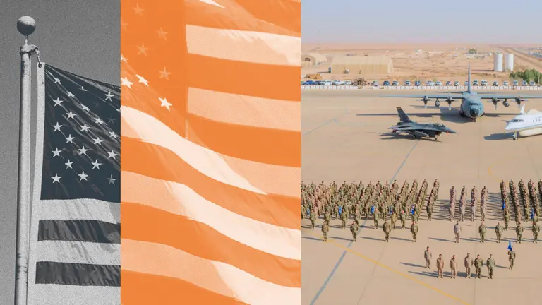An image showing the American flag and a tarmac with soldiers