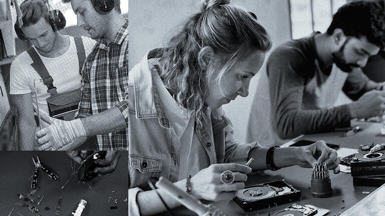 Three black-and-white photos showing different tasks, including electronics repair.