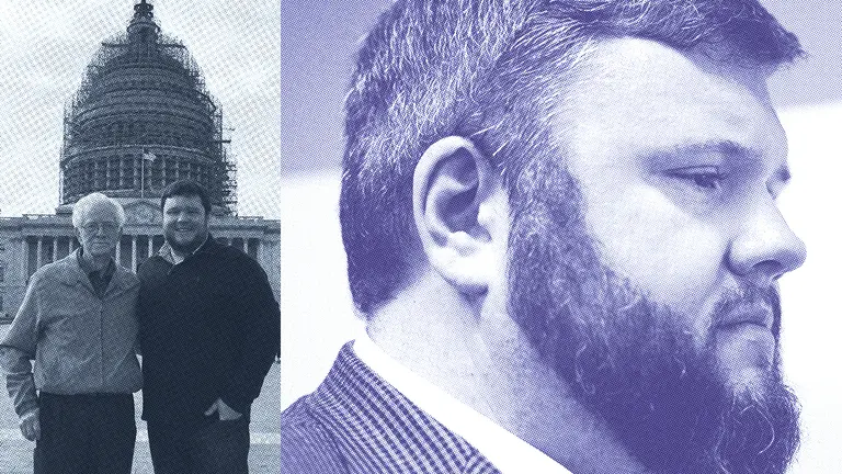 An image of two men standing next to each other on the left, while the right features a side profile of the younger man's face