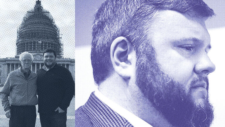 An image of two men standing next to each other on the left, while the right features a side profile of the younger man's face