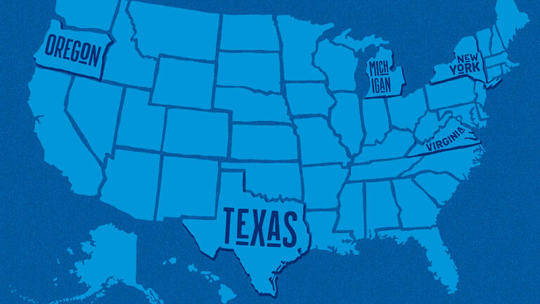 A map of the United Sates highlighting Oregon, Texas, Michigan, New York, and Virginia