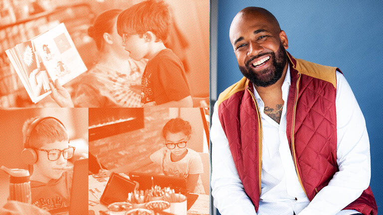 Collage of students engaged in learning alongside Kyle Ellison, founding executive director of the Khan Lab School in Wichita, Kansas.