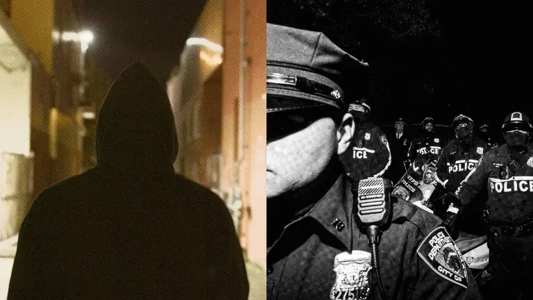 Collage of a person walking down a dark street and a police officer