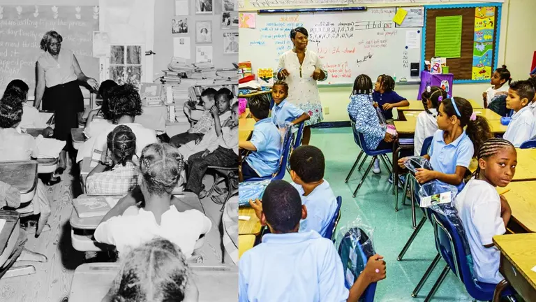 A collage of a teacher teaching a class.