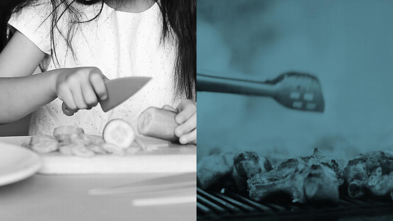 Collage of a child making food with a knife and other utencils