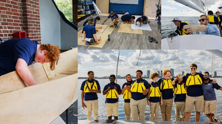 Photo collage of SailFuture students building a sailboat and out at sea