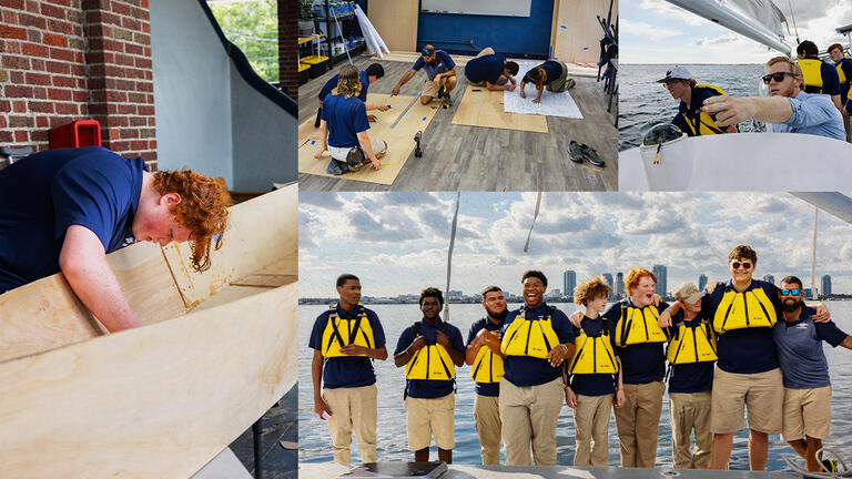 Photo collage of SailFuture students building a sailboat and out at sea