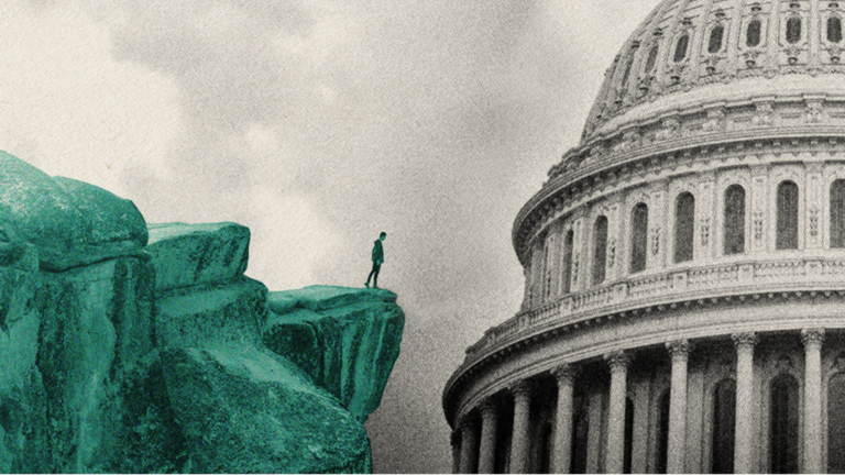 A stylized image of a person on the edge of a cliff facing the U.S. Capitol