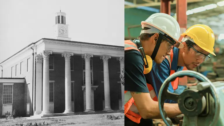 Construction workers next to an image of a black and white building