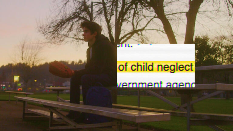 A photo of a boy looking out into the distance with a snippet of a word document with the words "of child neglect" highlighted in yellow