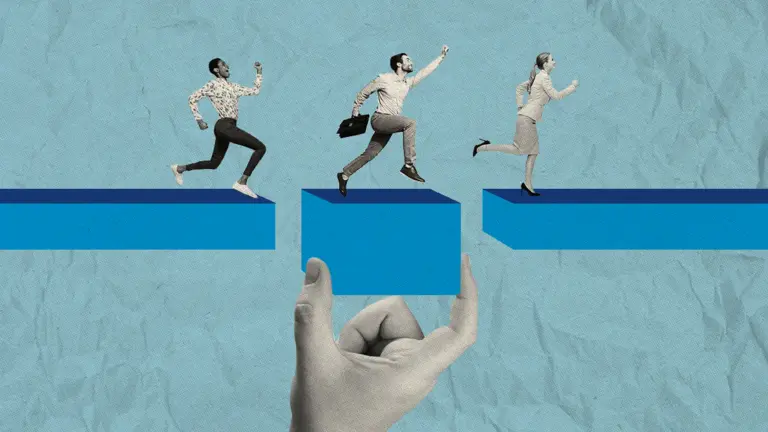 Three people running across a blue broken line.