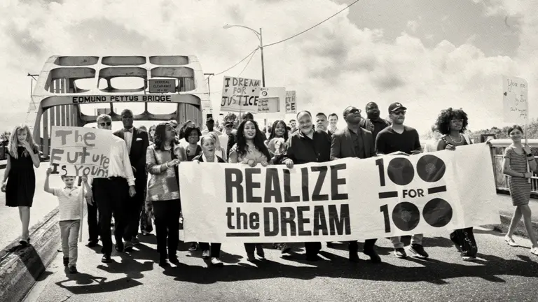 Group of people standing on a bridge holding a banner.