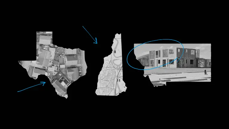 Illustration showing outlines of Texas and New Hampshire filled with aerial and map imagery, alongside a partially constructed residential building.