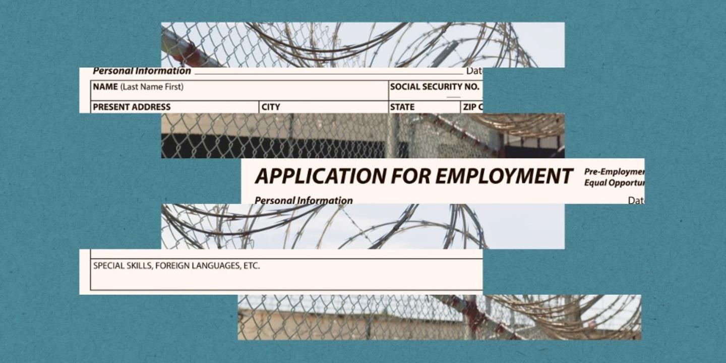 Collage of an employment application and prison fences