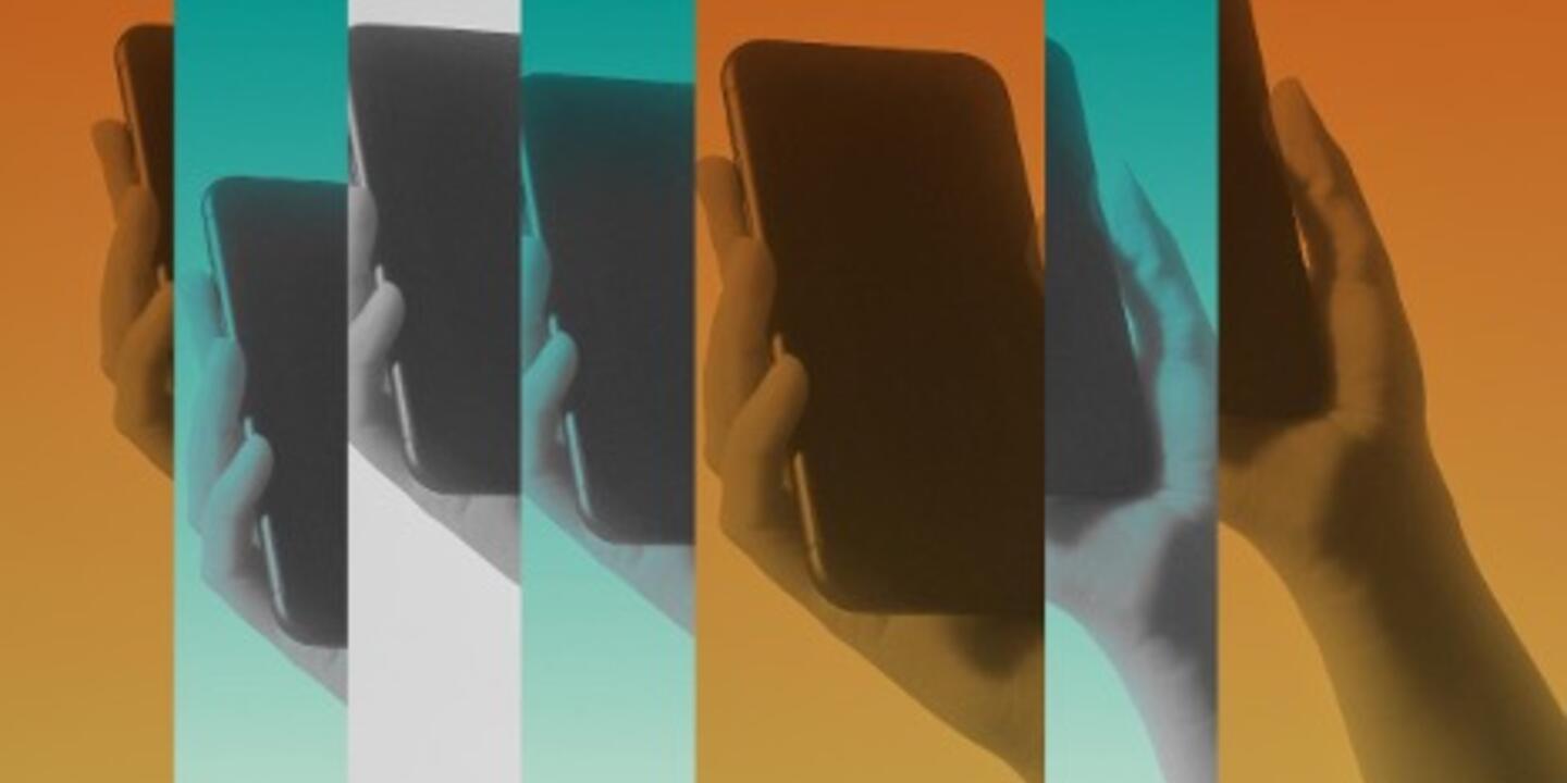 A collage of a hand holding a smart phone with alternating blue and orange panels