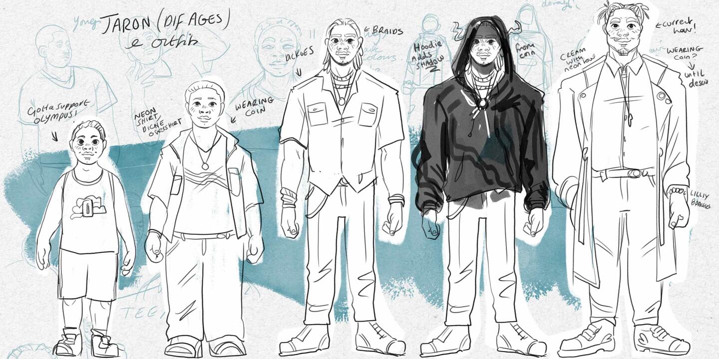 A black, white, and blue illustration of a character wearing different outfits