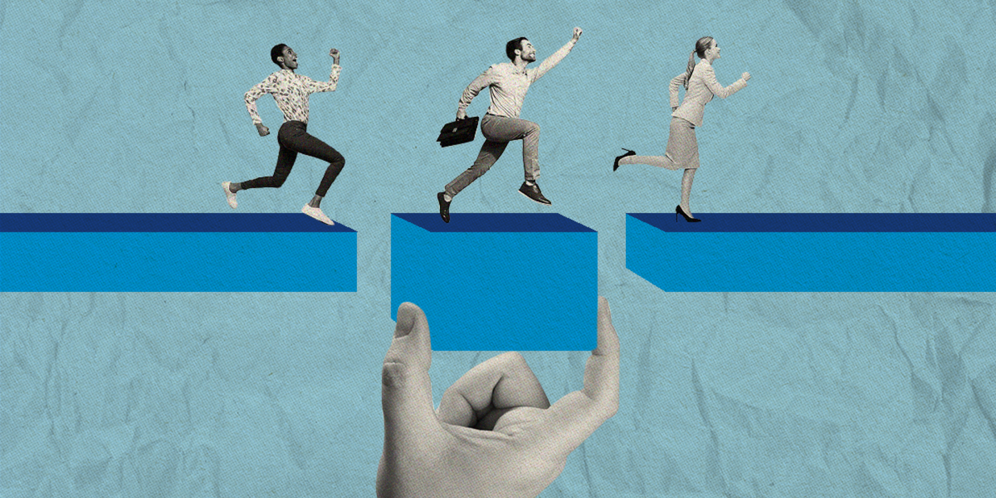 Three people running across a blue broken line.