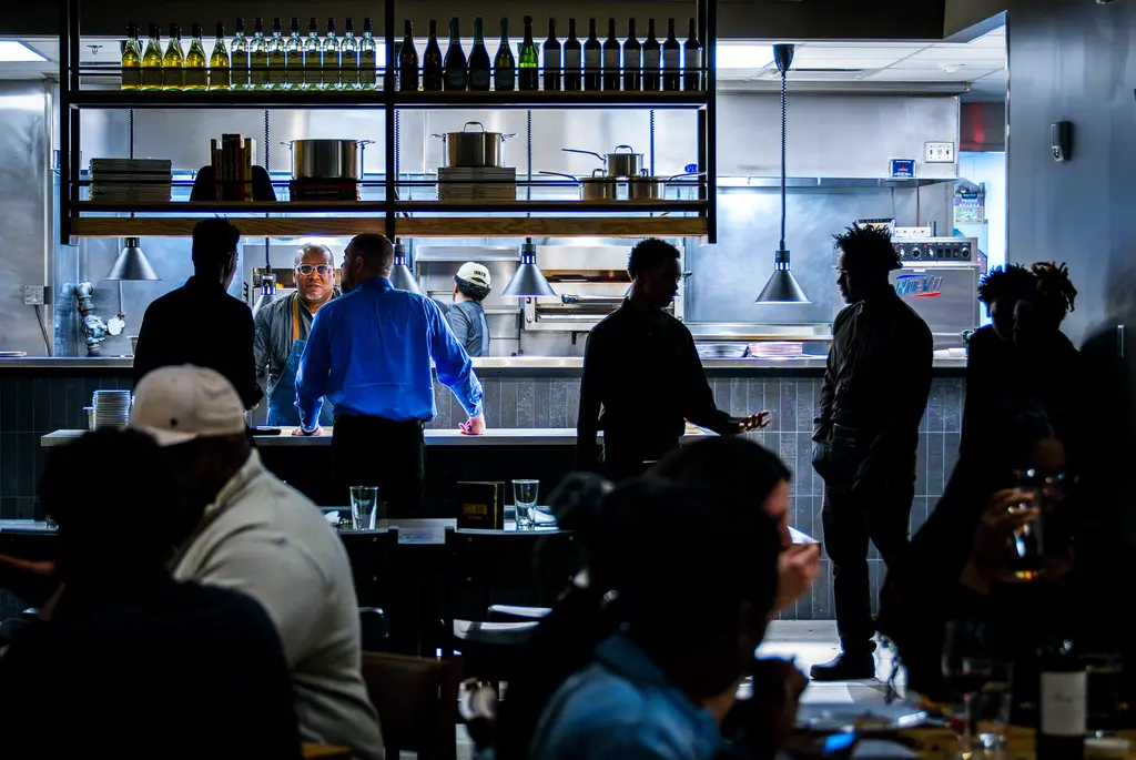 Inside the restaurant, looking towards the kitchen.