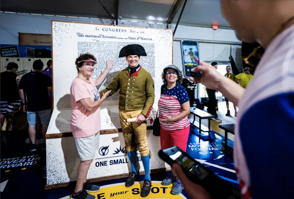 A volunteer in colonial-era costume at Americans for Prosperity's exhibit at the Great American State Fair.