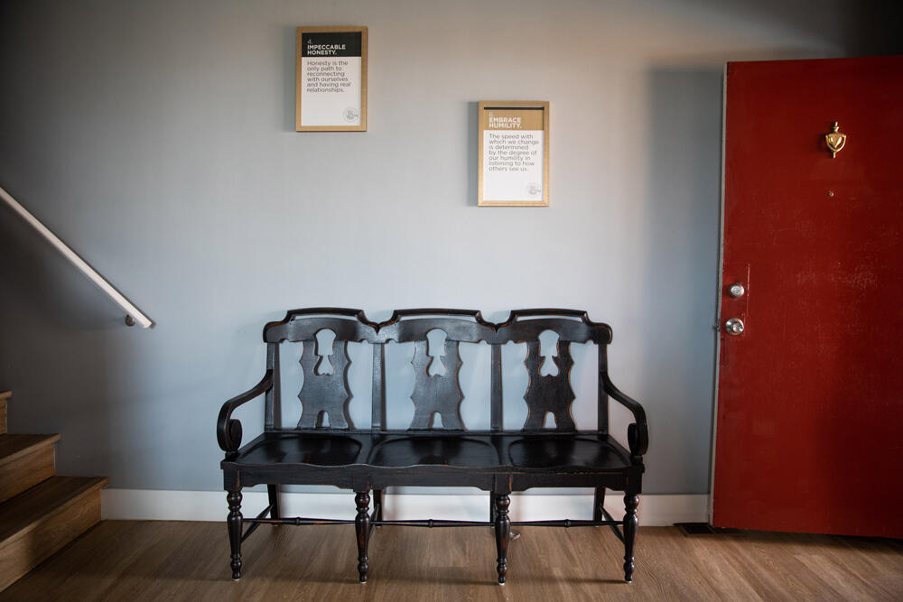 A bench in a hallway